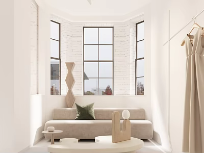 White Clothing Store Interior With Large Windows Sofa Small Table And Hanging Beige Dress 3d model