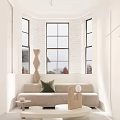 White Clothing Store Interior With Large Windows Sofa Small Table And Hanging Beige Dress