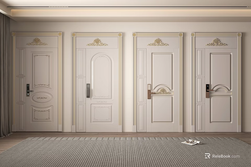 Elegant White Swing Doors With Golden Decorative Accents And Classic Design 3d model 
