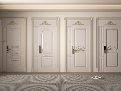 Elegant White Swing Doors With Golden Decorative Accents And Classic Design 3d model