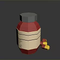 Red and White Food Condiment Bottle with Yellow and Red Ingredients on Black Table
