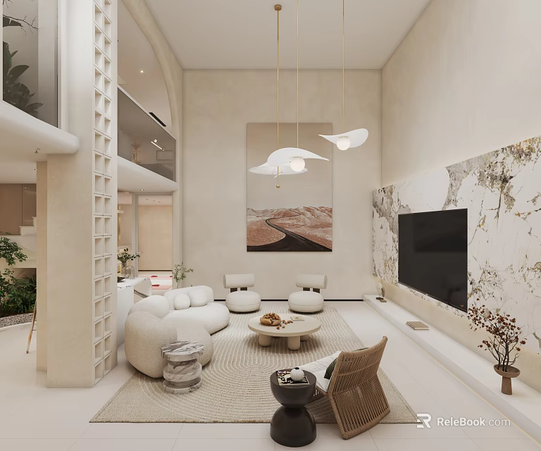 Modern Basement Interior Design With Sofa Rug TV Artwork And Soft Lighting 3d model