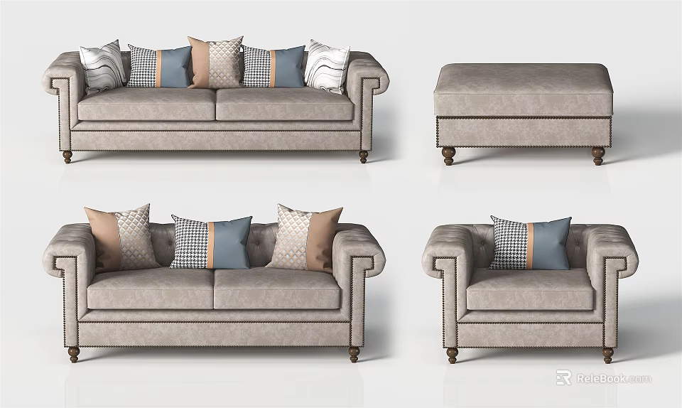 Elegant Gray Upholstered Sofa Set With Armchair Ottoman And Mixed Pattern Throw Pillows 3d model