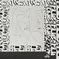 Abstract Line Art on Panel with Patterned Wall and Stuffed Toy Decor