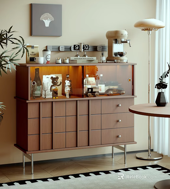 Wooden Decorative Cabinet Featuring Glass Doors Displaying Various Decorative Items 3d model 