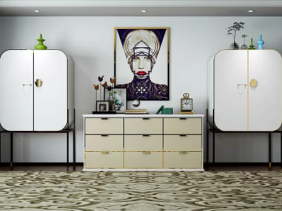 Modern White Entryway And Side Cabinets With Gold Accents Drawers And Decorative Painting 3d model
