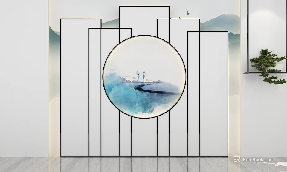Chinese Style Bedroom Accent Wall With Circular Painting 3d model