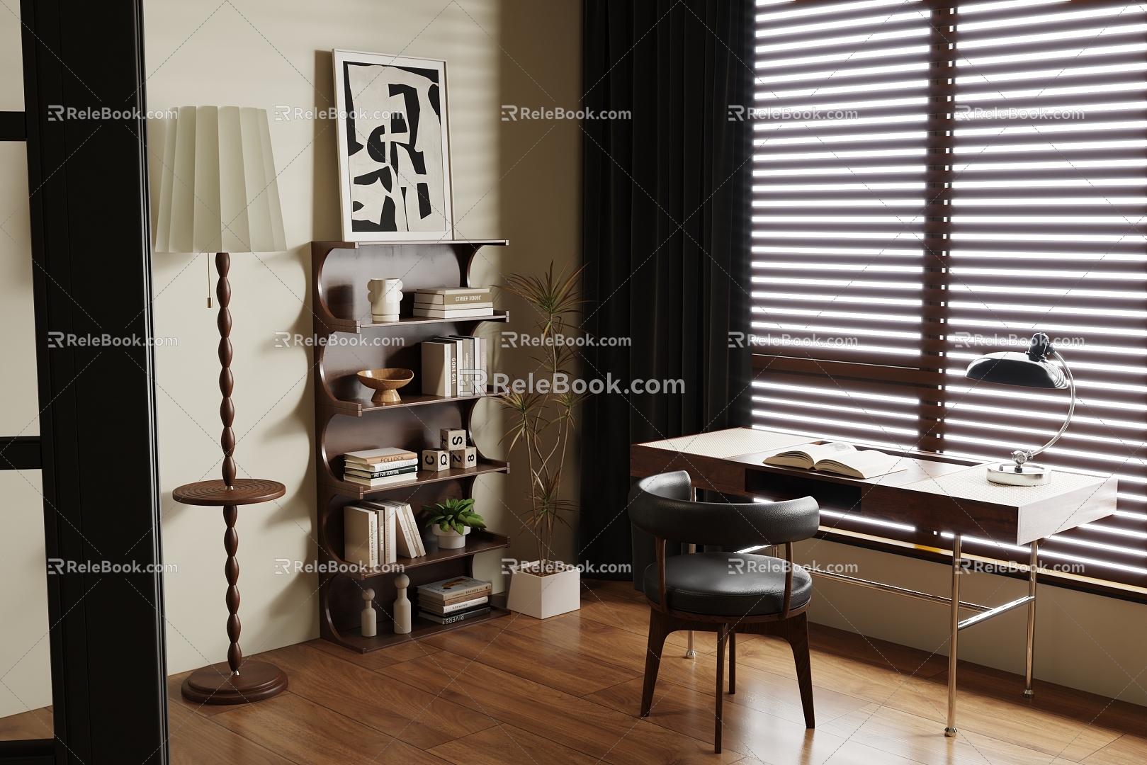 Middle-ancient walnut study desk bookshelf chest of drawers floor lamp wooden floor blinds 3d model