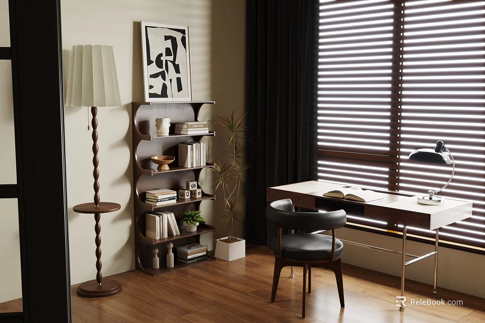 Modern Study Room Interior With Wooden Desk Black Chair Floor Lamp And Bookshelf 3d model 