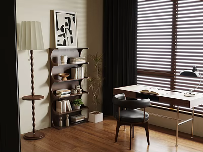 Modern Study Room Interior With Wooden Desk Black Chair Floor Lamp And Bookshelf 3d model