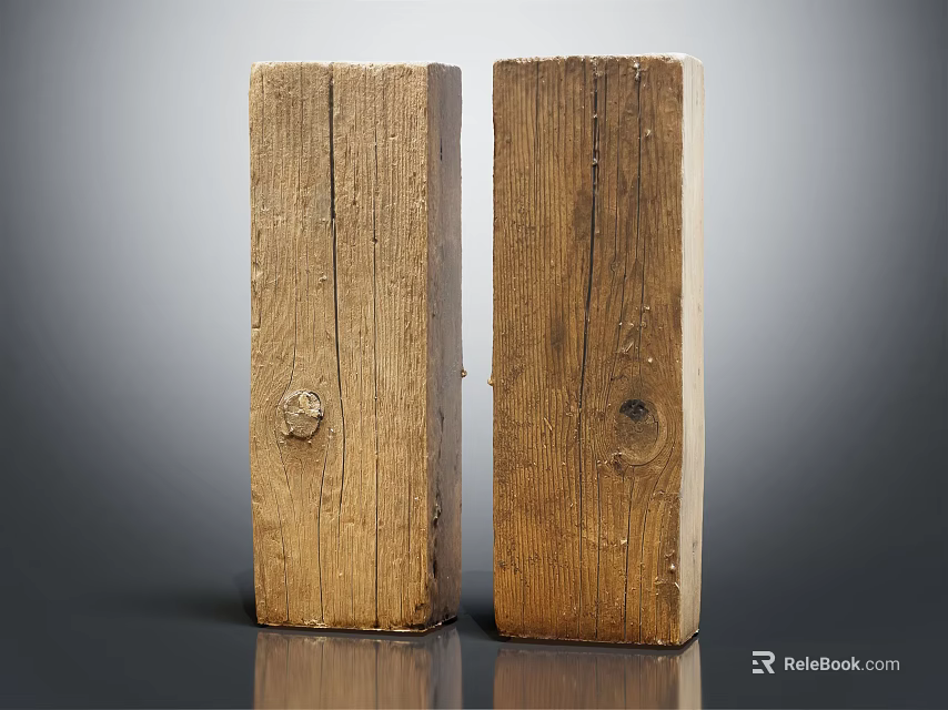Natural Wooden Blocks Featuring Authentic Texture and Knots Arranged Side by Side on Reflective Surface 3d model 