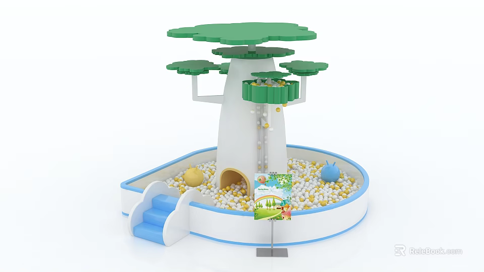 Colorful Tree Shaped Playground Equipment With Blue Slide Ball Pit And Trunk Hole 3d model 
