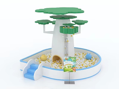 Colorful Tree Shaped Playground Equipment With Blue Slide Ball Pit And Trunk Hole 3d model