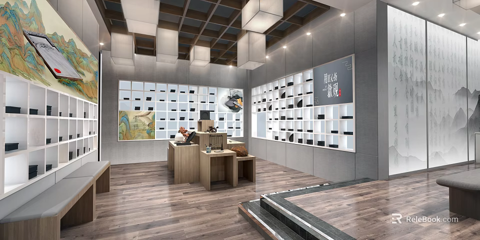 Modern Specialty Store Interior With Display Shelves Counter Lighting And Wooden Flooring 3d model 