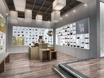 Modern Specialty Store Interior With Display Shelves Counter Lighting And Wooden Flooring 3d model