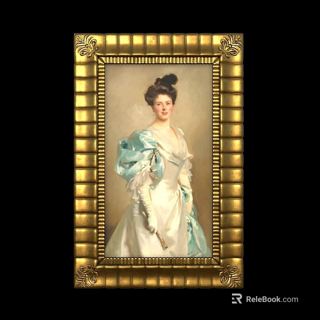 Elegant Lady Portrait Painting With White Light Blue Dress And Golden Ornate Frame 3d model 