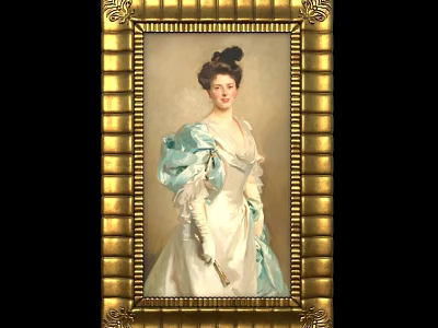 Elegant Lady Portrait Painting With White Light Blue Dress And Golden Ornate Frame 3d model