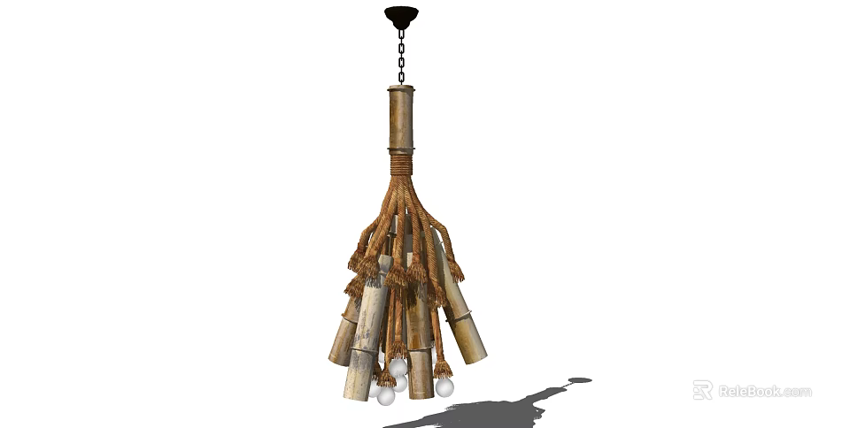 Handmade Natural Style Chandelier with Bamboo Tubes Jute Rope and White Beads 3d model 