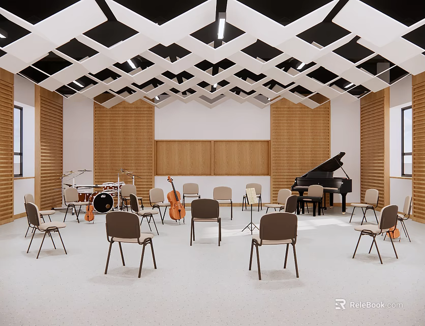School Music Classroom Interior With Piano Chairs Musical Instruments And Wooden Walls 3d model 
