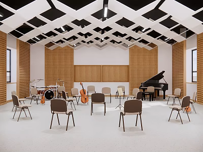 School Music Classroom Interior With Piano Chairs Musical Instruments And Wooden Walls 3d model