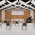 School Music Classroom Interior With Piano Chairs Musical Instruments And Wooden Walls