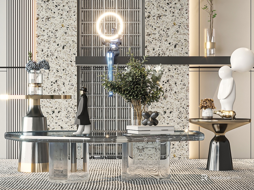 Modern Transparent Glass Coffee Table With Metal Legs Green Plant And Circular Light Fixture 3d model 