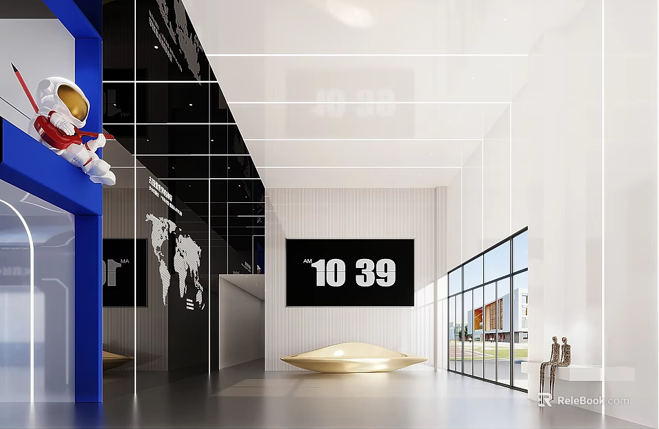 School Lobby Interior With Astronaut Model World Map Digital Screen Large Windows And Golden Table 3d model 