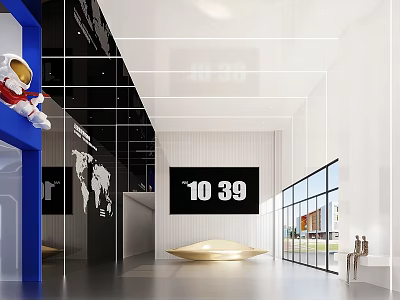 School Lobby Interior With Astronaut Model World Map Digital Screen Large Windows And Golden Table 3d model