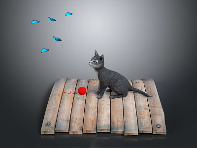 Gray Cat Sitting on Rustic Wooden Platform with Red Ball and Blue Butterflies 3d model