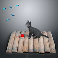 Gray Cat Sitting on Rustic Wooden Platform with Red Ball and Blue Butterflies