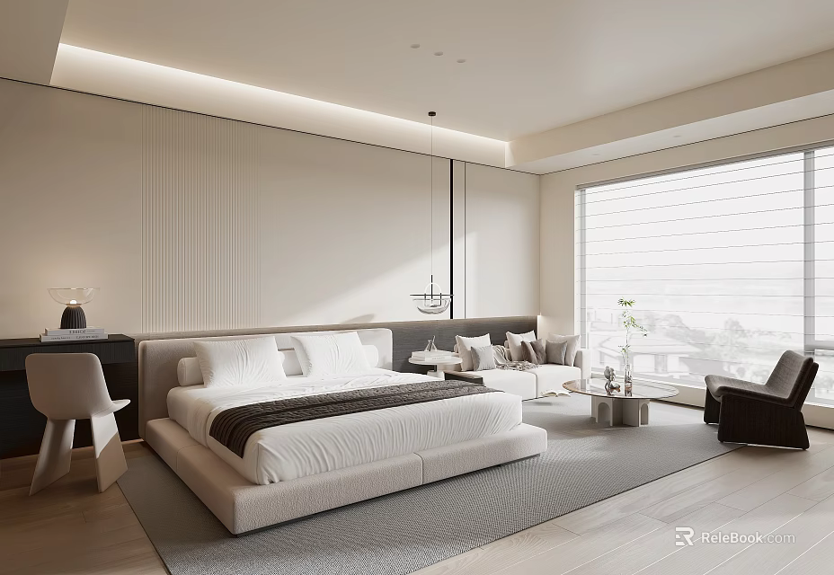 Minimalist Hotel Room Interior With Comfortable Bed Sofa And Large Window 3d model 