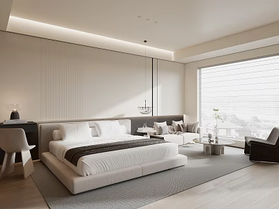 Minimalist Hotel Room Interior With Comfortable Bed Sofa And Large Window 3d model
