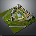Architectural Model Of Historic Castle With Towers Enclosing Walls Green Lawns And Central Courtyard