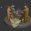Cartoon Style Castle Scene With Colorful Towers Flags Green Arena And Winged Shield Emblem