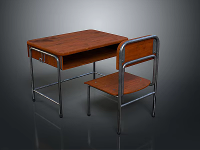 Wooden Desk and Chair Set with Metal Frame and Wooden Surface and Drawer 3d model