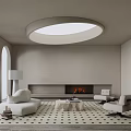 Modern Minimalist Living Room Interior With Circular Ceiling Light Fireplace Comfortable Sofas And Geometric Rug