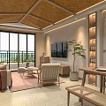 Modern Living and Dining Room With Wooden Ceiling Pendant Light Sea View Windows And Plants