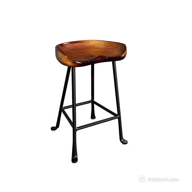 Stylish Bar Stool Featuring Brown Wooden Seat And Black Metal Legs 3d model 