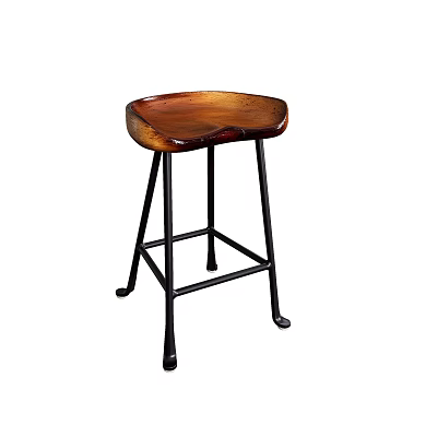 Stylish Bar Stool Featuring Brown Wooden Seat And Black Metal Legs 3d model