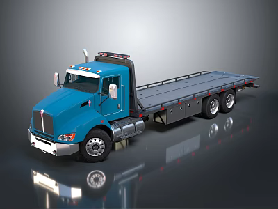 Modern Blue Flatbed Truck With Extended Flat Platform And Multiple Wheels 3d model