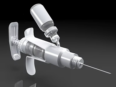 Stainless Steel Medical Syringe With Needle Attached Vial And White Handle 3d model