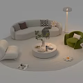 Comfortable Curved Sofa And Round Coffee Table With Decorative Pillows Green Armchair And Floor Lamp