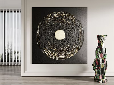 Modern Interior With Black Golden Circular Dot Painting And Colorful Leopard Figurine 3d model