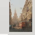 Sunlit Urban Street Landscape Painting With Vintage Tram And Old Buildings