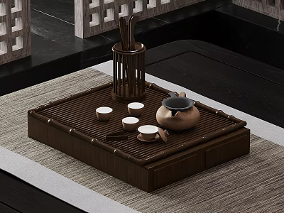 Chinese Style Bamboo Tea Tray With Teapot Cups And Utensil Holder Decor 3d model