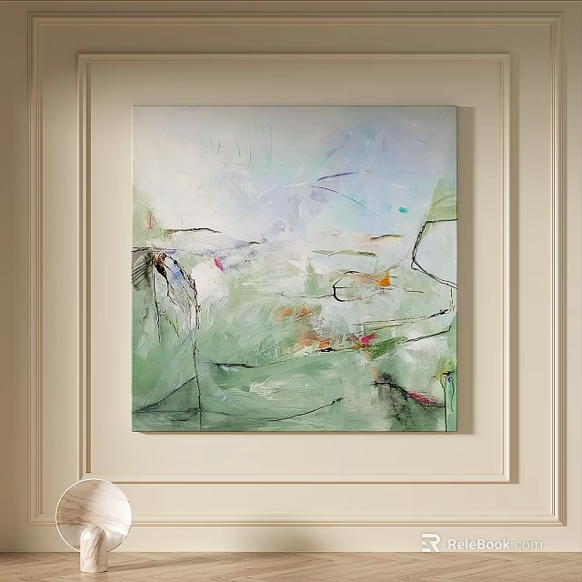 Abstract Painting Wall Art With Green White Purple Orange Brushstrokes And Lines 3d model 