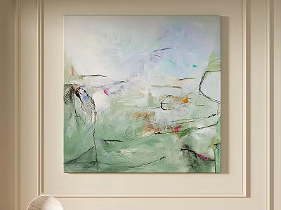 Abstract Painting Wall Art With Green White Purple Orange Brushstrokes And Lines 3d model