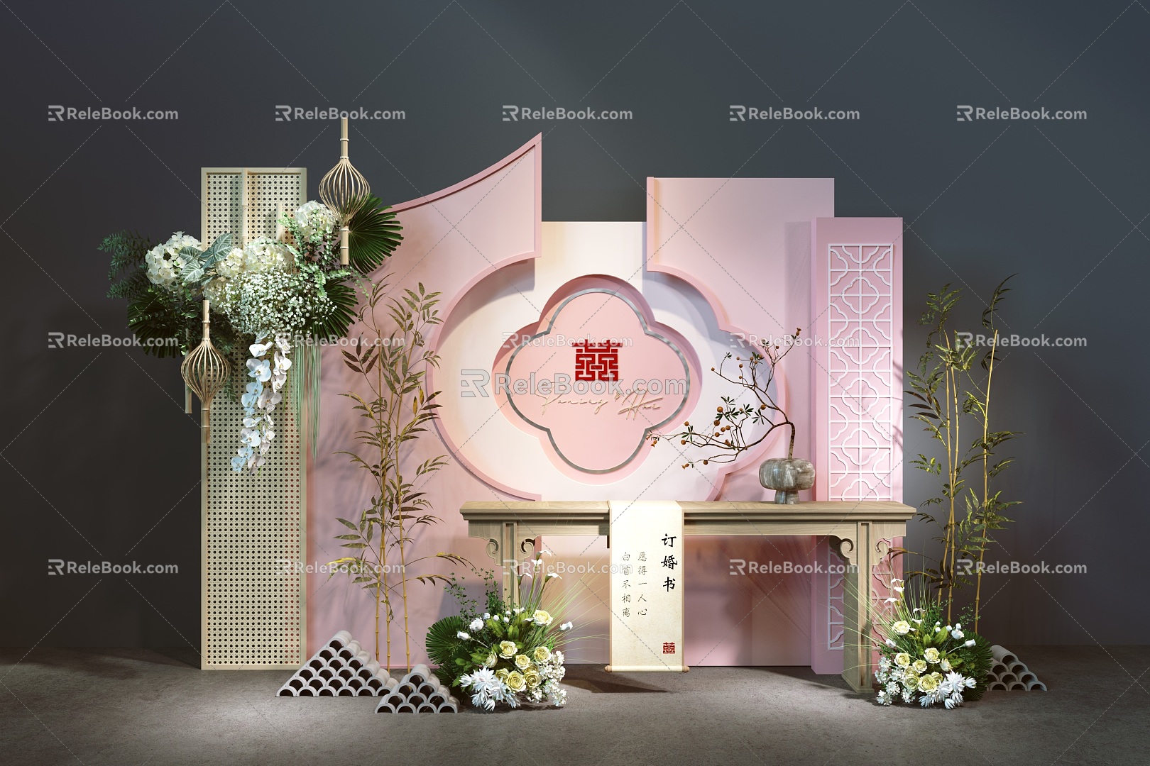 Wedding Photo Meichen Sign-in Welcome Area New Chinese Style Return Banquet Handover Desk Pink Floriculture Niche Wedding Window Chinese Style Nanyang Style 3d model