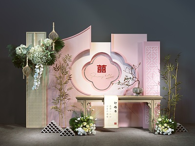 Wedding Photo Meichen Sign-in Welcome Area New Chinese Style Return Banquet Handover Desk Pink Floriculture Niche Wedding Window Chinese Style Nanyang Style 3d model