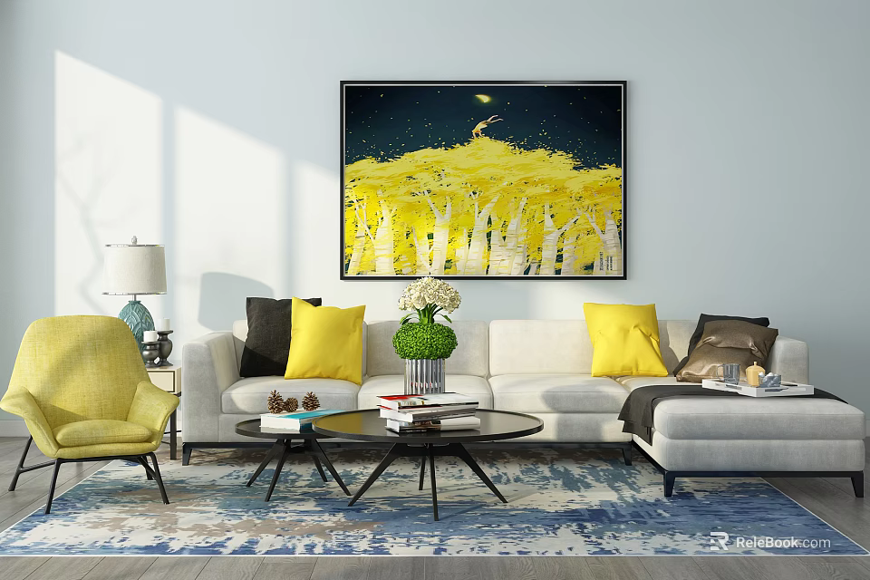 White Sofa and Black Coffee Table Set with Yellow Cushions Abstract Painting and Area Rug 3d model 